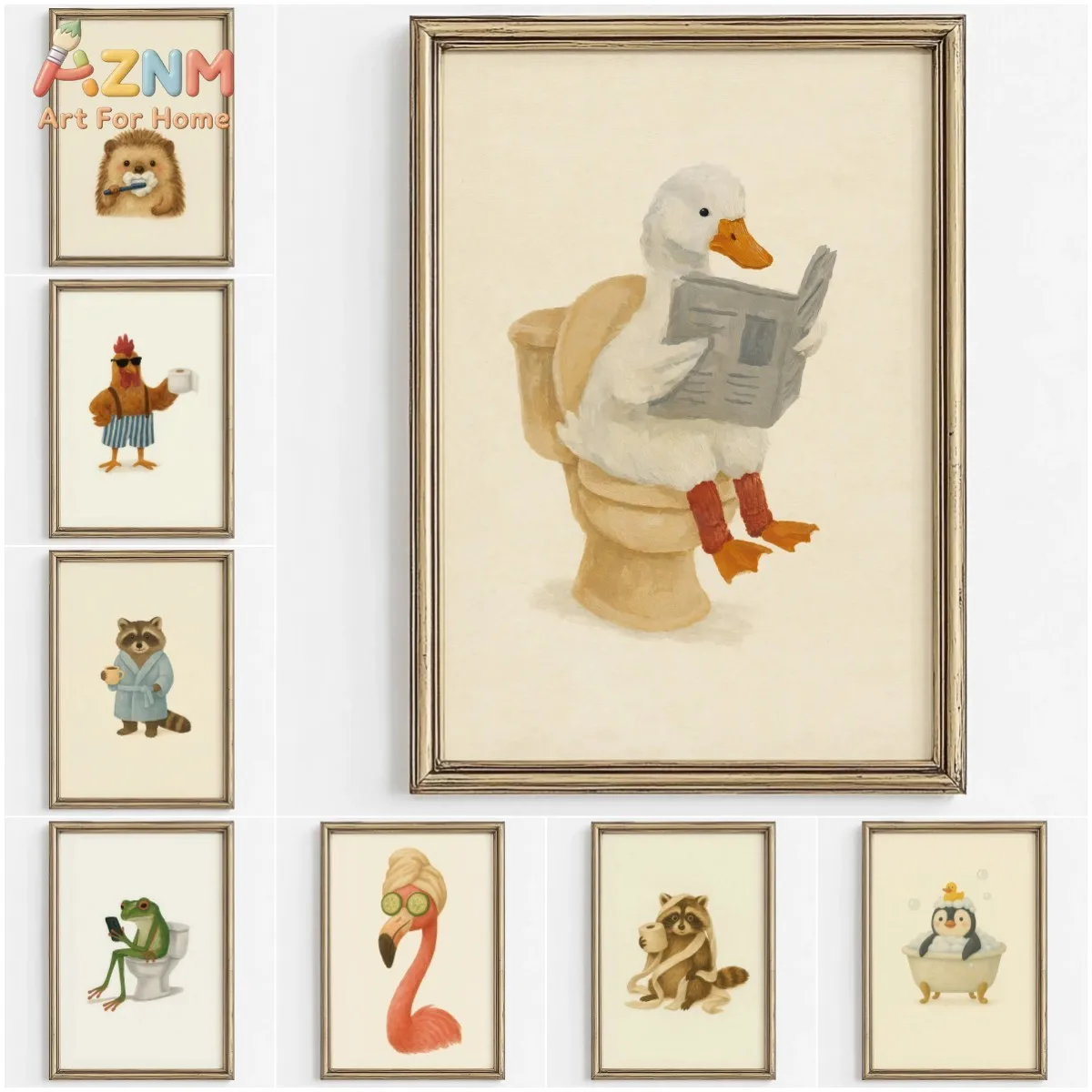 AZNM Funny Cute Animal Bathroom Canvas Wall Art Duck Raccoon Frog Flamingo Bath Toilet Humor Print Unframed Canvas Painting For