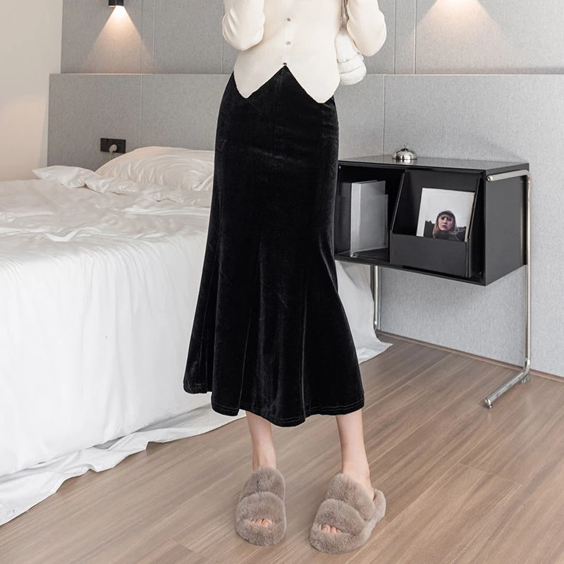 2025 Spring Fall Women High Waisted Black Velvet Trumpet Skirt , Woman Clothing Slim Ruffles Velour Mermaid Skirts