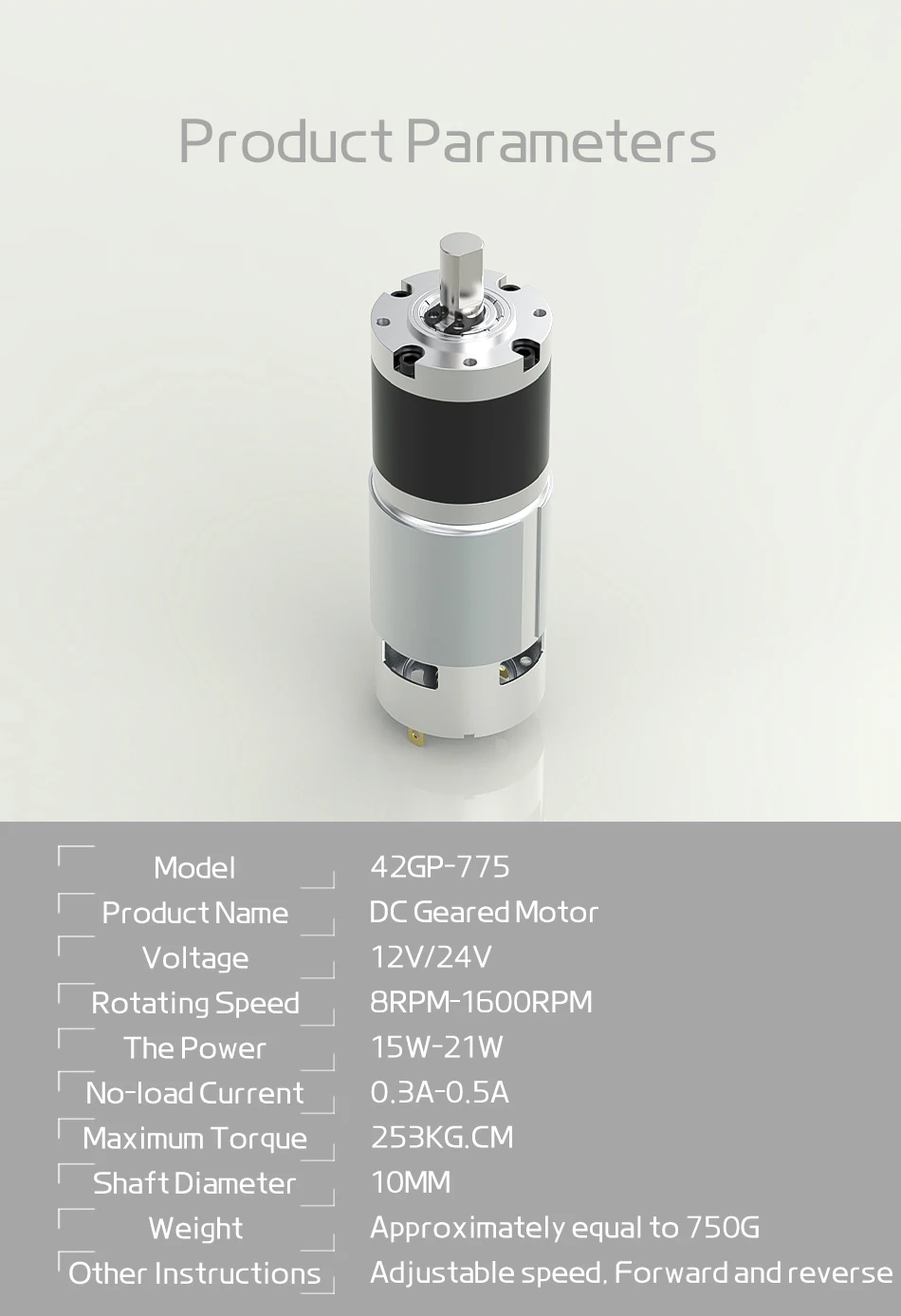 42GP-775 Metall-Planetengetriebe-Gleichstrom-Getriebemotor DC: 12 V ~ 24 V/1600 U/min ~ 8 U/min, hohes Drehmoment und Vorwärts-/Rückwärts-PWM-Geschwindigkeitsregelung – Detail 16