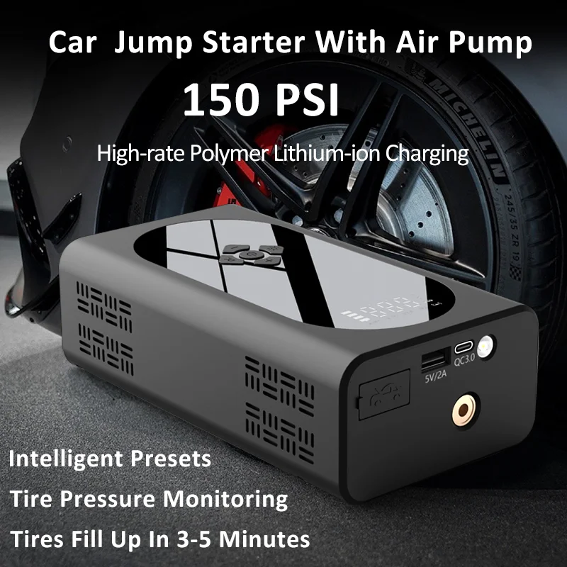 3000A Jump Starter Power Bank 150PSI Air Compressor Tire Pump 12v Car Jump Starter Kit With Air Pump