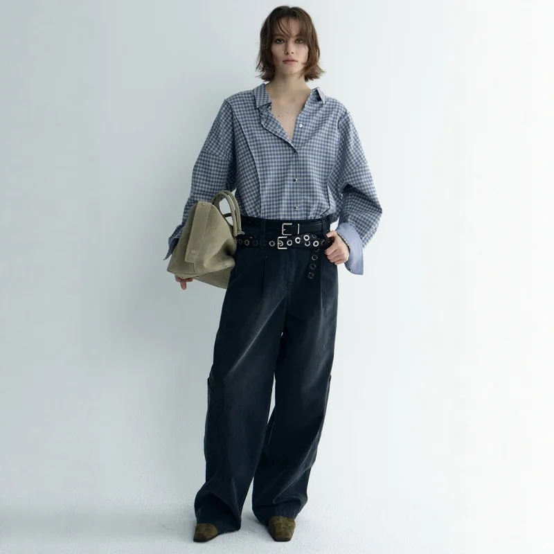 

High Waist Straight Leg Jeans Women's Loose Fit Casual Sle Embellied with Rivets Breathable Cotton Comfort for Commute
