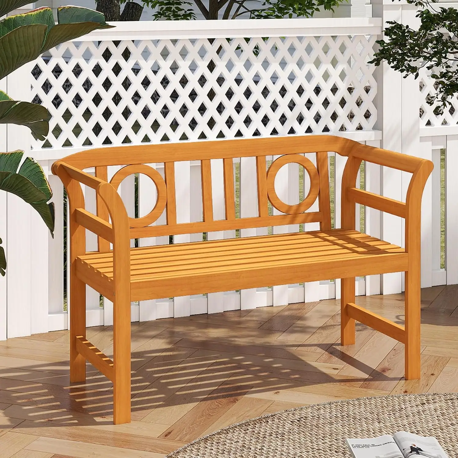 Acacia Wood Outdoor Bench with Circle Backrest, Park Bench for 2, Customized