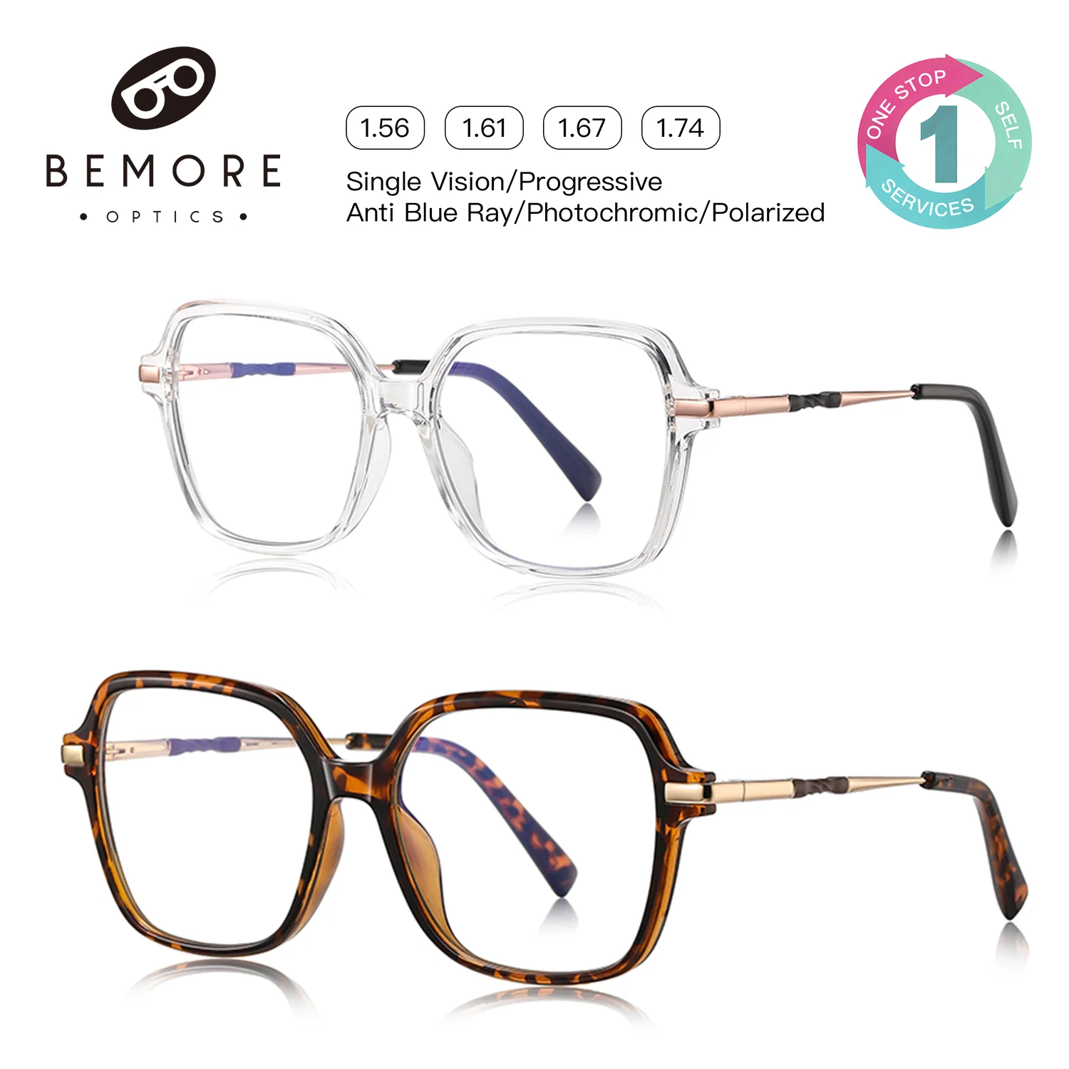 BEMORE Geometric Simple Square Large Frame Anti-Blue Light Woman Reading Myopia Glasses Customizable Prescription