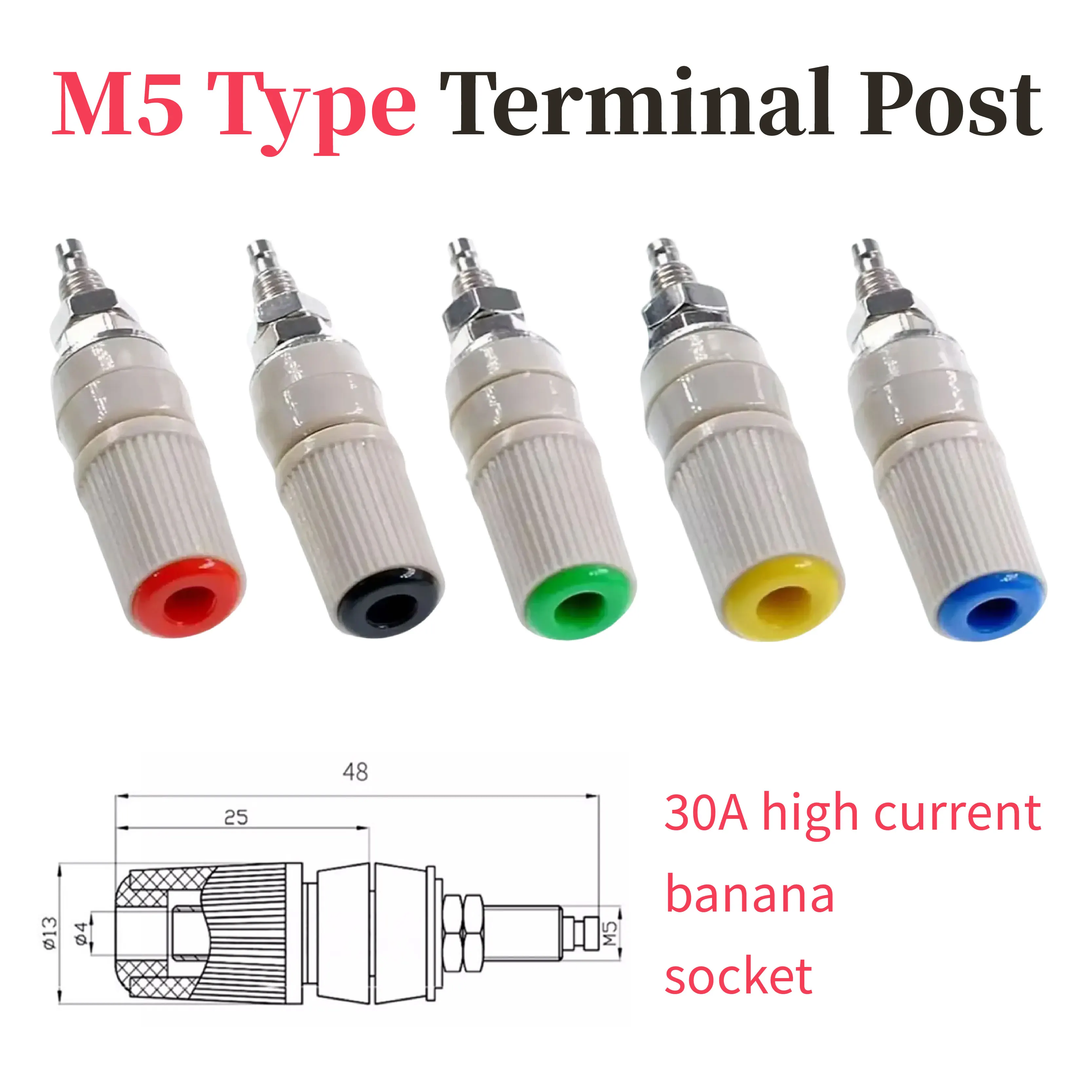 

Copper Terminal Block 5mm 30A M5×48mm High Current Banana Socket Voltage Power Grounding Post Plug