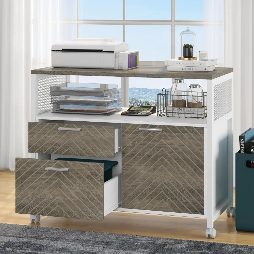 

Modern Lockable File Cabinet - Lateral Filing Cabinet w/ Drawers & Door, Letter-Sized Storage & Printer Stand"​