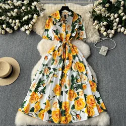 Chic Elegant Print  Short Sleeve Elegant Turn-down Collar Bodycon Dress Fashion Vestido Slim summer sweet Ceremonial dresses