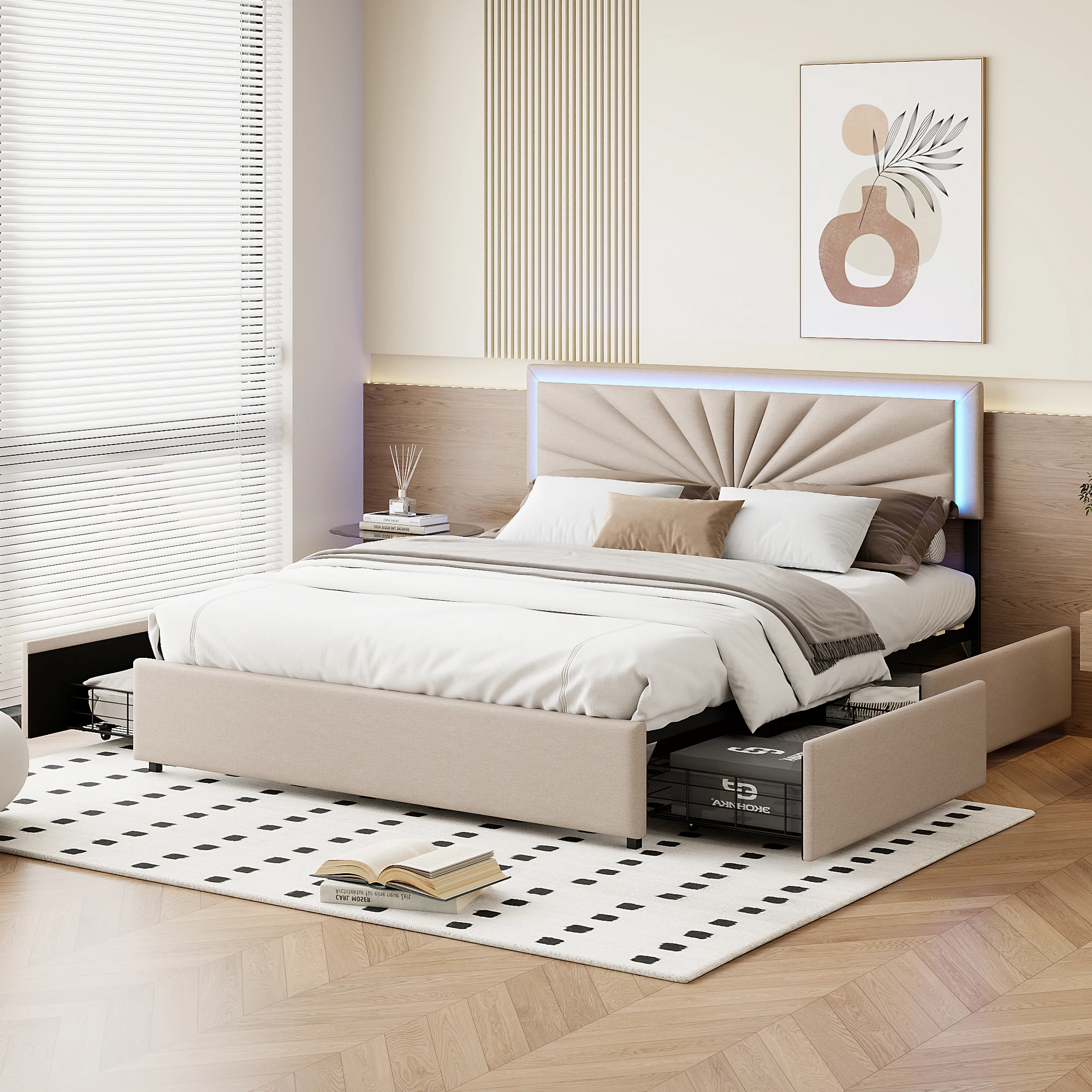 Double Bed, Upholstered Bed 160 x 200 cm, LED Bed Frame, Storage Bed with 4 Drawers and Slatted Frame, Headboard, Youth Bed