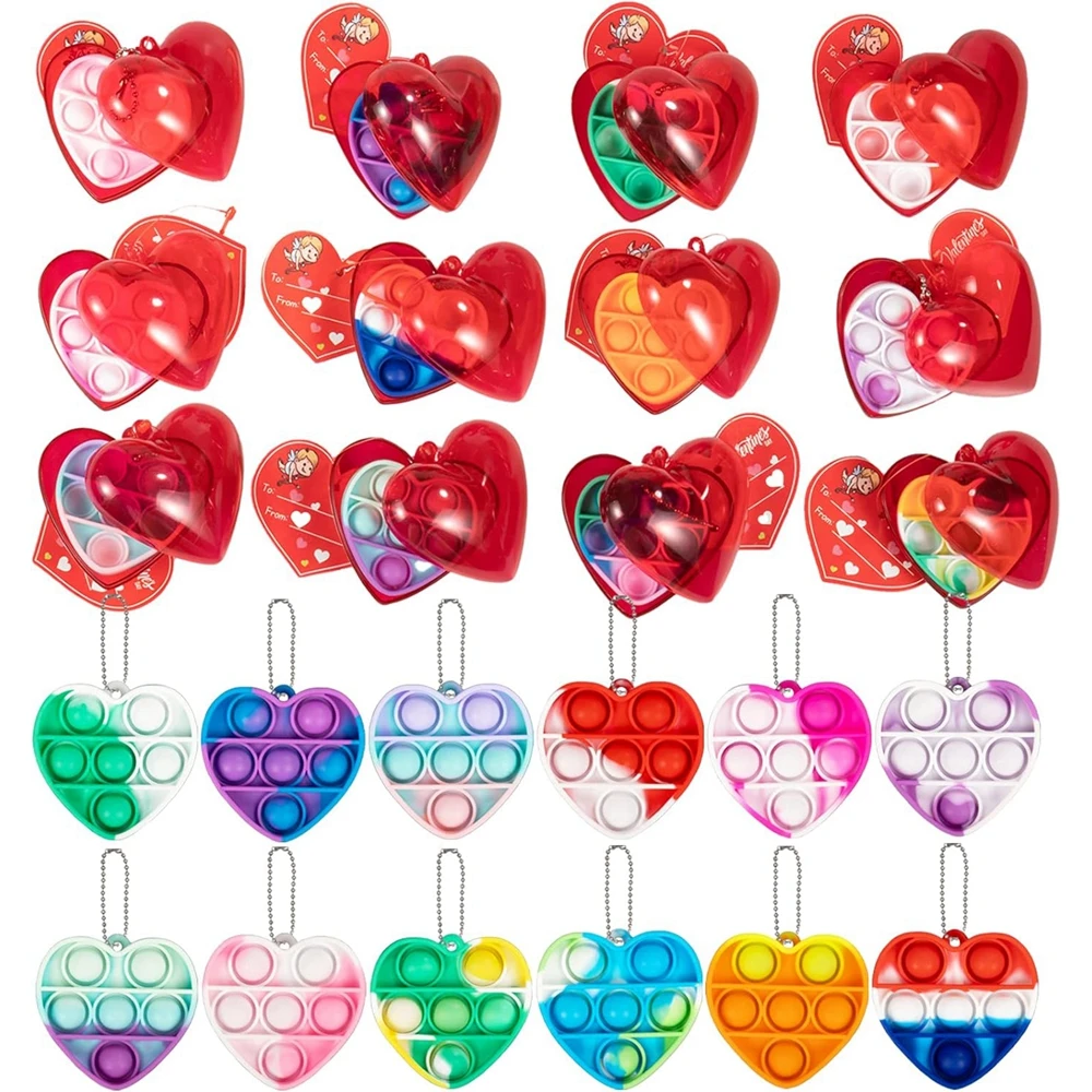 Valentine\'s Day 12PCS for Girl Pop Set Heart Boxes with Love Sensory Stress Relief Fidget Keychains Gift Cards Party Favors