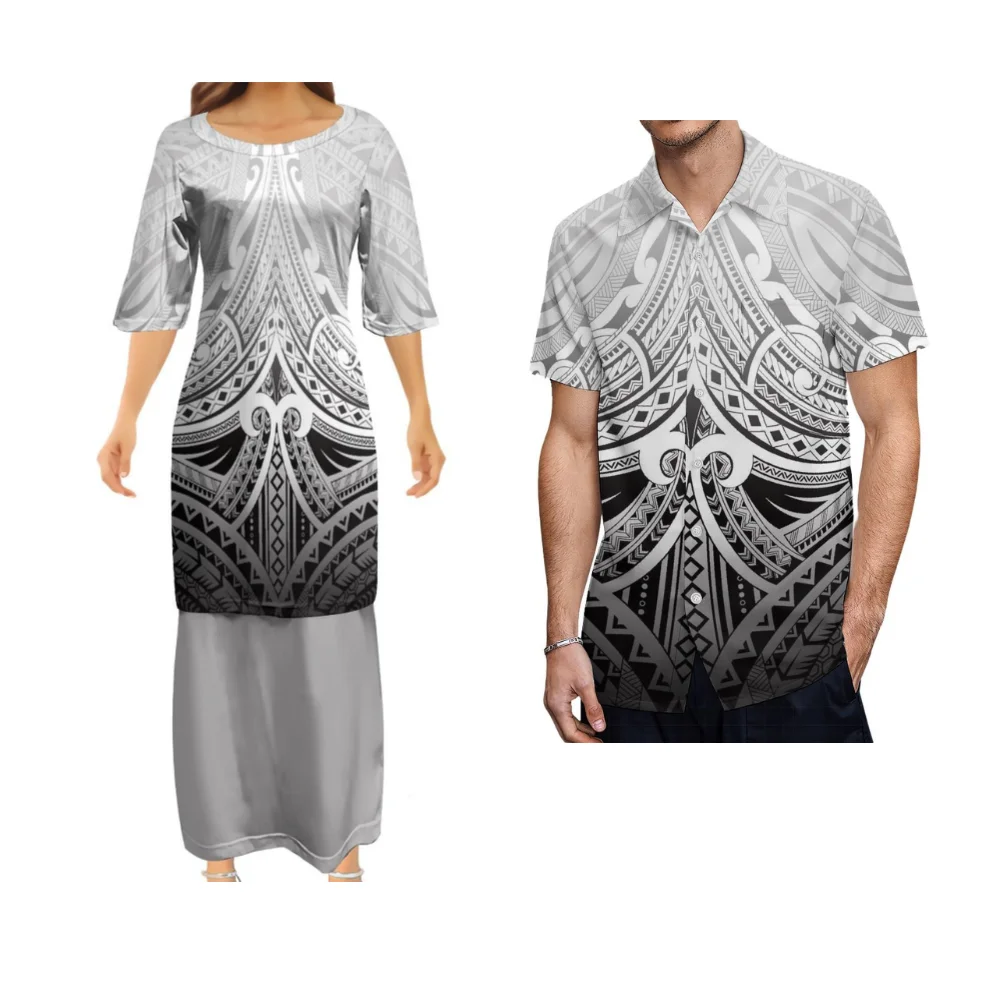 Custom High Quality Breathable Casual Dress Polynesian Puletasi Tribe Women\'S Dress Men\'S Shirt Hibiscus Flower Couple Set