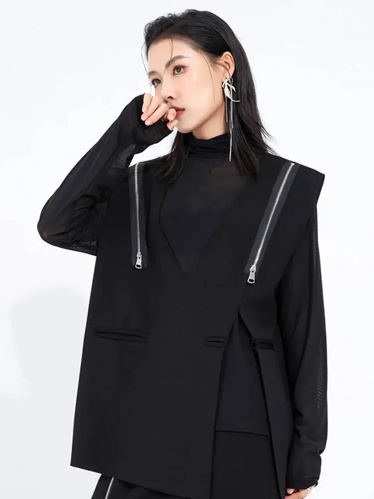 

Black Zipper Irregular Women Slit Big Size Casual Vest New V-collar Sleeveless Fashion Spring Autumn 2026 1DJS7A