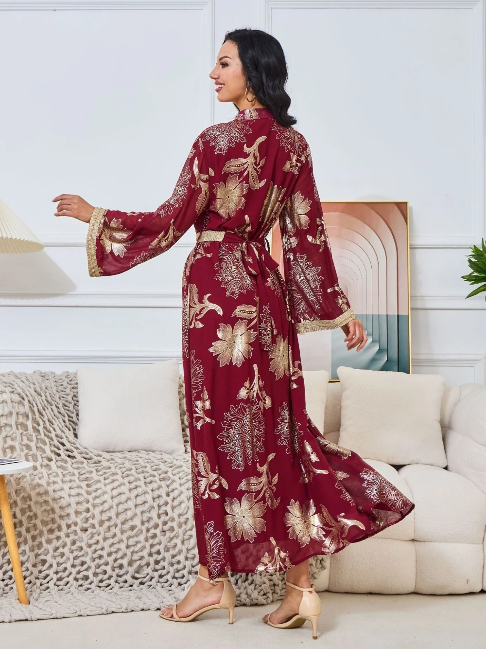 فستان سهرة طويل مريح من الشيفون للنساء المسلمات باللون العنابي مع تطريز زهور ذهبية وأكمام طويلة مقاس كبير ملابس الحفلات #5