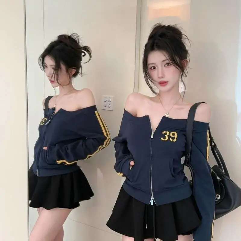 

Модный женский укороченный кардиган-свитшот в американском стиле с открытыми плечами, на молнии, из хлопка, с длинным рукавом, приталенный, для весны и осени