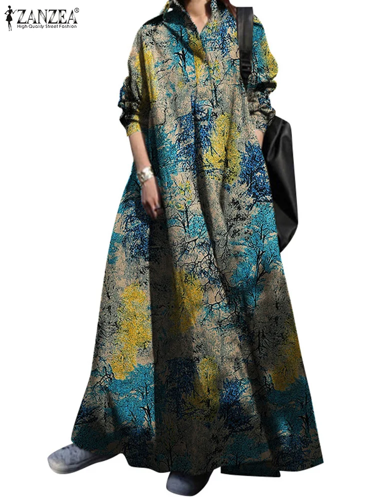 ZANZEA Fashion Jesienna bawełniana sukienka damska Vintage Floral Printed Sundress Bohemian Lapel Neck Long Sleeve Loose Shirt Vestido