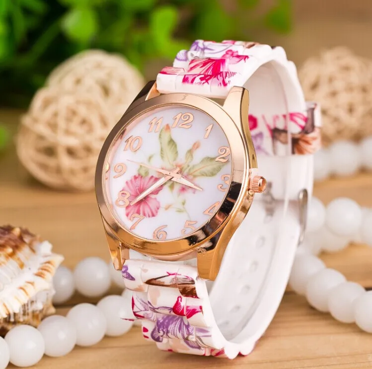 Fashion Printed Silicone Strap Watch Casual Clock Luxury Quartz Ladies Watches Women Flower Pattern Multi-Color Wristwatch Reloj