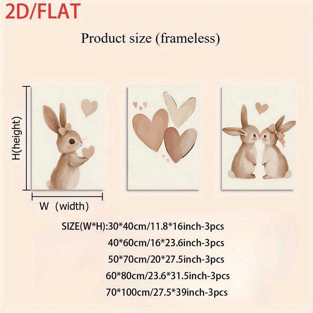 1 set of cute rabbit heart triple frameless decorative paintings, modern and simple children's room, warm 2D floor plan