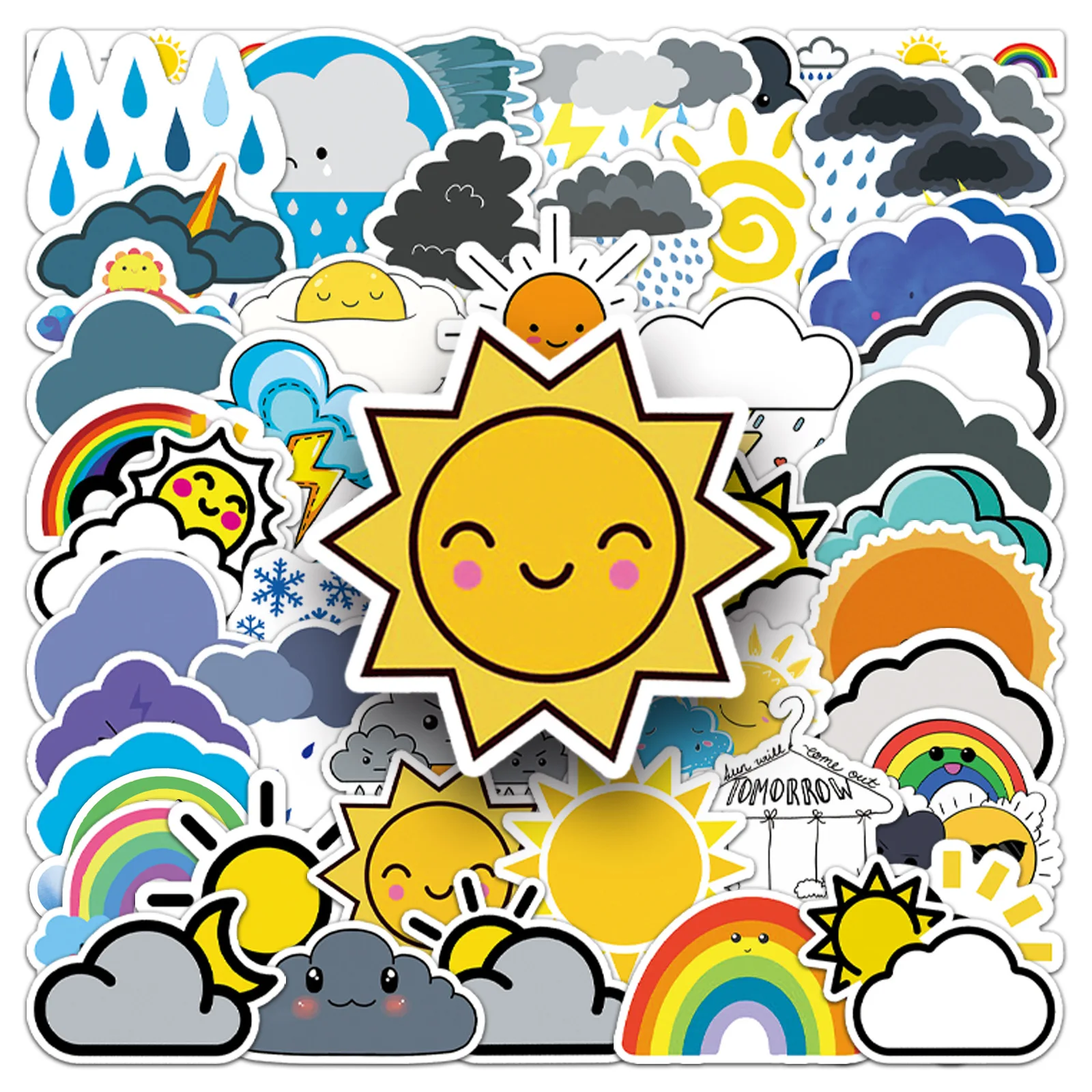 50/30/10‑Sheet Cute Cartoon Weather Doodle Kids Doodle Stickers, DIY Decals for Journals, Skateboards, Luggage & Water Bottles