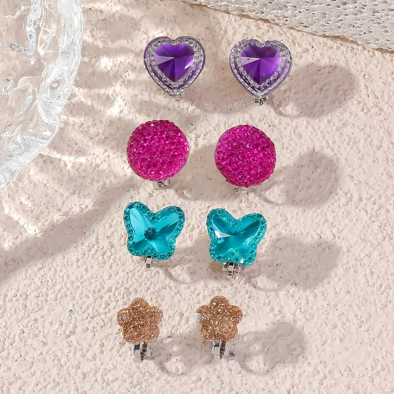 12 Pairs 4 Pairs Women's Clip-On Earring Set Colorful Shiny Rhinestone Heart-Shaped Butterfly Flower Square Non-Pierced Earrings Cute Princess Role-Playing Jewelry Accessories Girl Gift