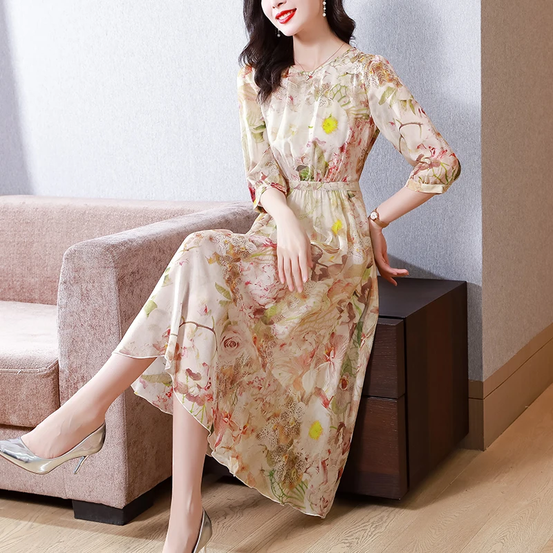 فستان نسائي شيفون مطبوع عليه زهور للربيع والصيف بأكمام 3/4 وخصر عالي تنورة متوسطة الطول للتنحيف نمط سيدة أنيقة