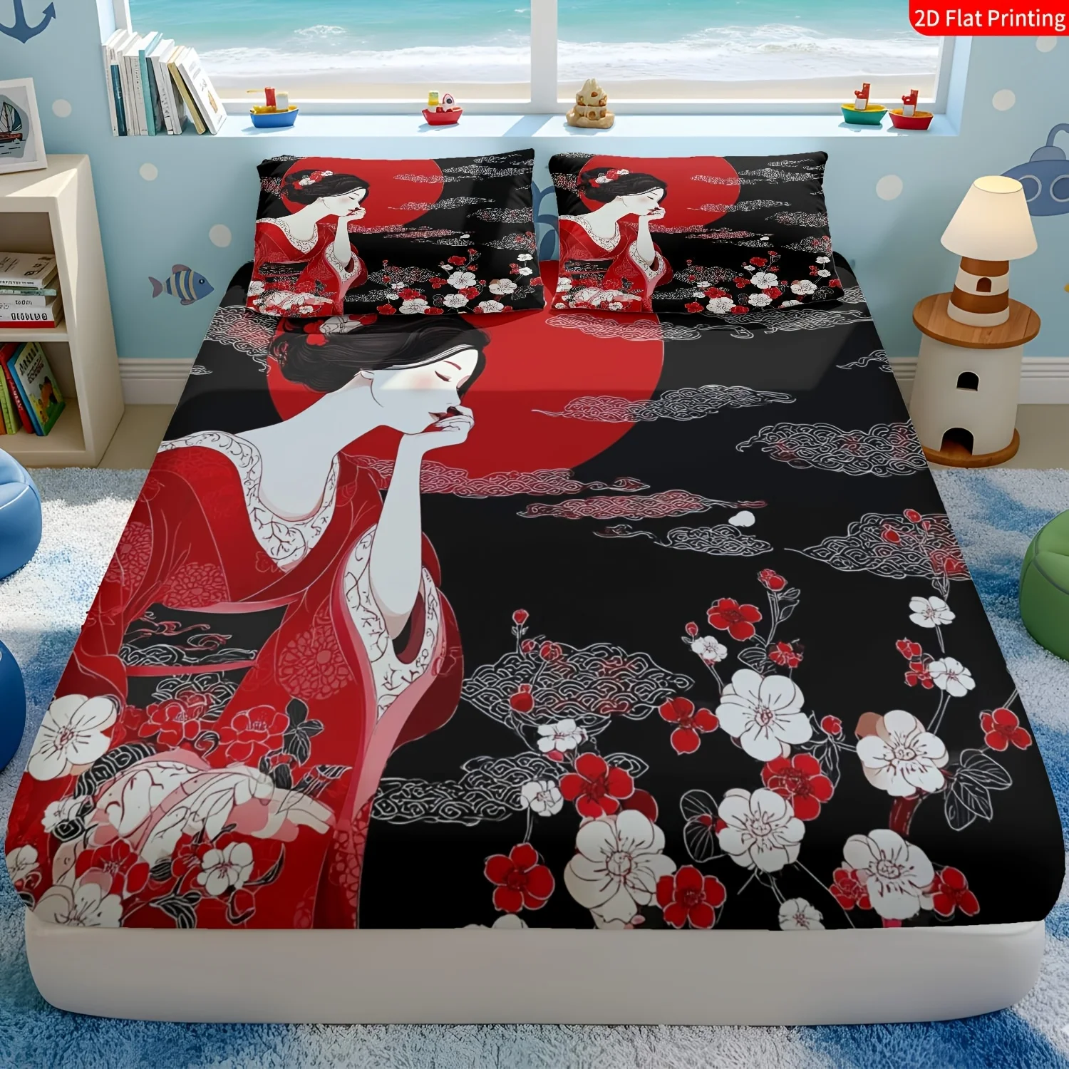 Japanese traditional geisha style red moon and cherry blossom themed bedding set, 2D digital print three-piece bedding set (includes 1 fitted sheet + 2 pillowcases), mattress protector, fitted sheet style elastic cover, mattress cover, fitted bedding set