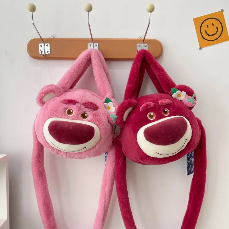 Bolso de dibujos animados de oso de fresa de Disney, bonito bolso de peluche de doble cara, bolso de hombro tipo bandolera para mujer