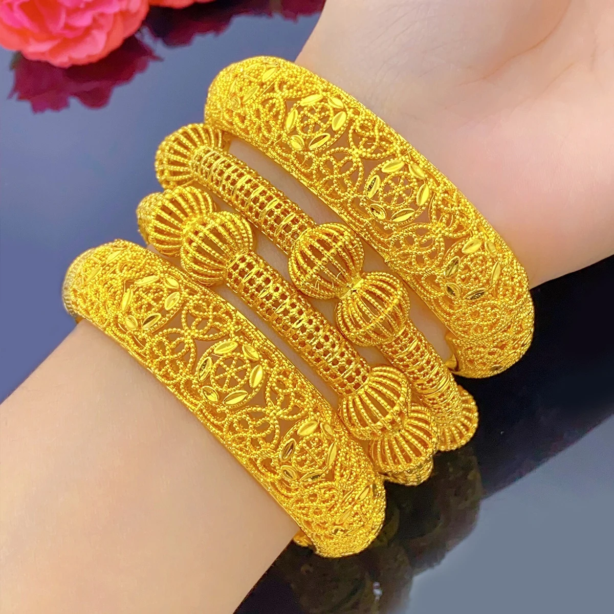 XUHUANG Ethiopian Bridal Gold Color Round Luxury Bangles Indian Wedding Jewellery Dubai Engagement Hand Jewelry Gifts 24k New