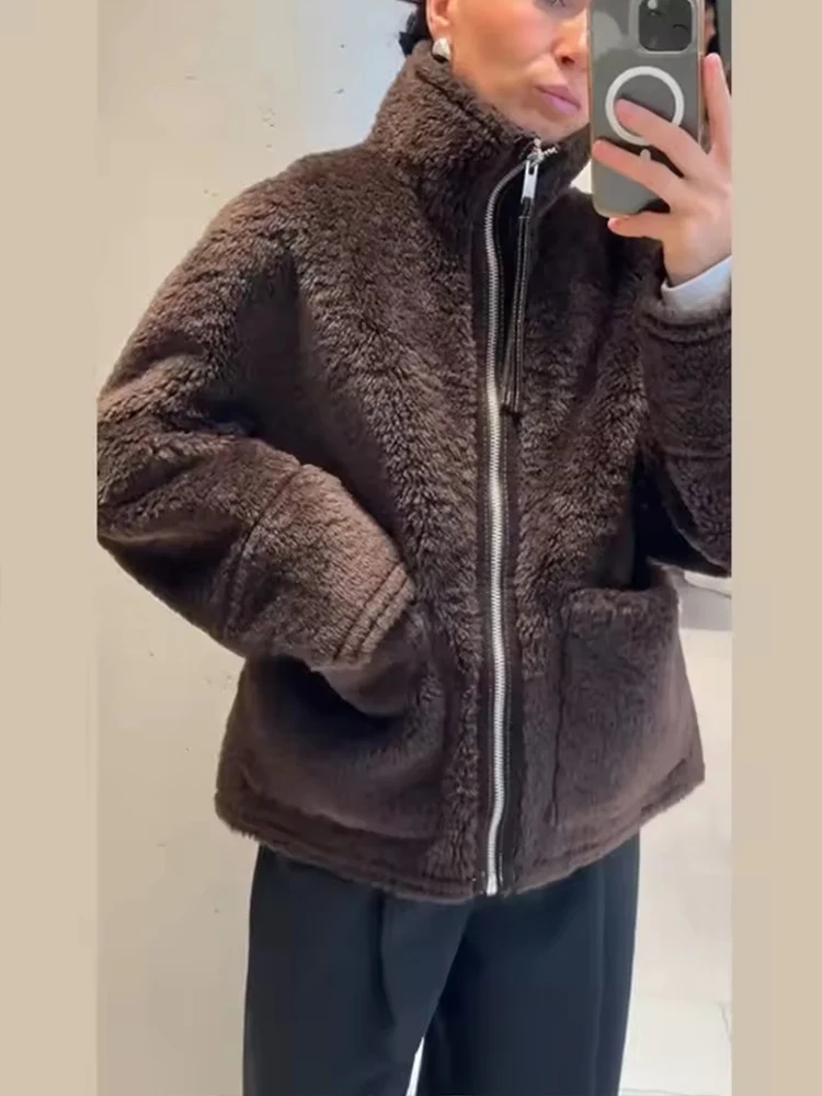 Inverno velo jaqueta feminina com zíper gola solta engrossado jaquetas casaco feminino outono quente novo casual na moda outerwear ﻿