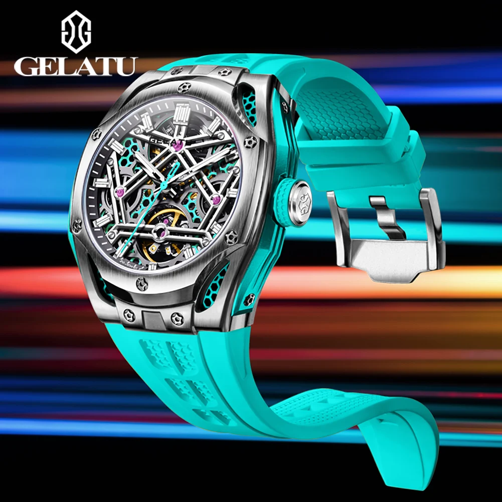 GELATU NEW Skeleton Tourbillon Watch For Men 5ATM Waterproof Luxury Sky Blue Automatic Mechanical Watches Mens Reloj Hombre