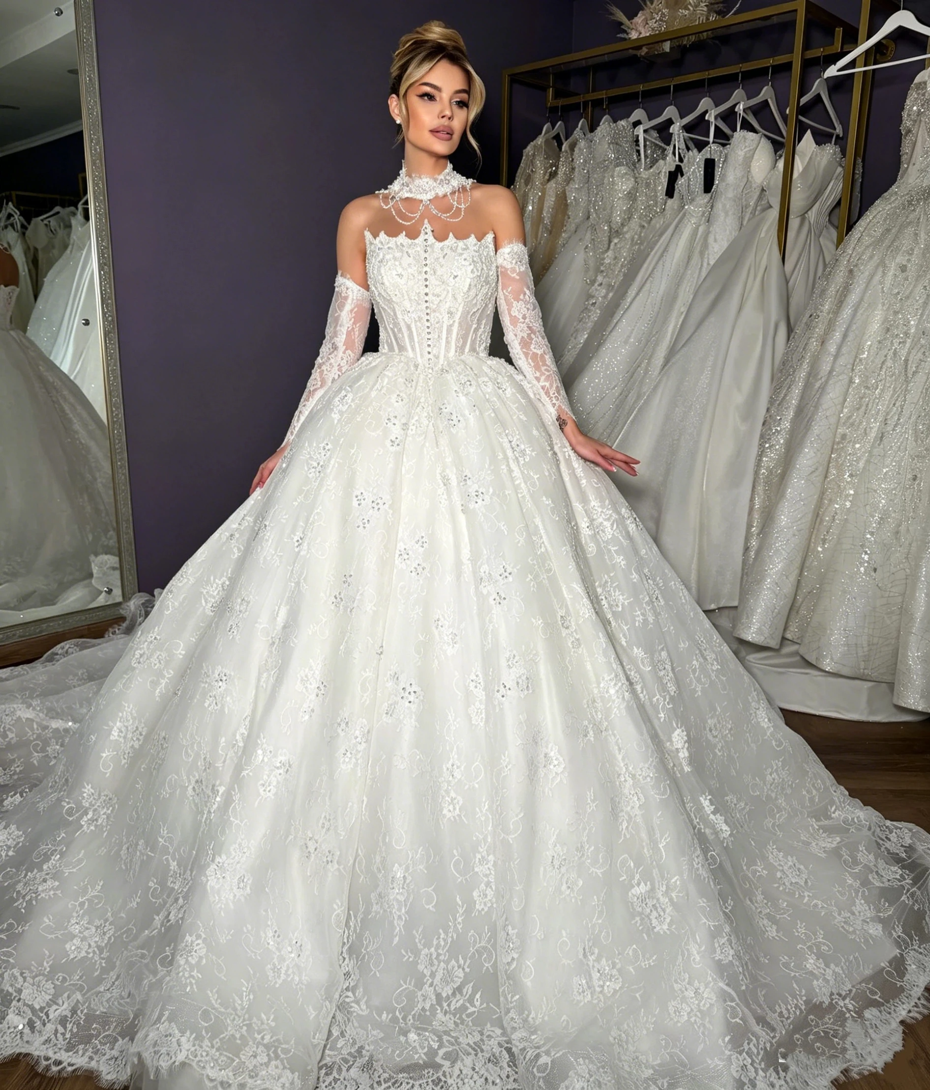 

Luxury Off Shoulder Ball Gown Elegant Lace Beaded Bridal Gown With Detachable Necklace Princess Wedding Dress 2026 Customized