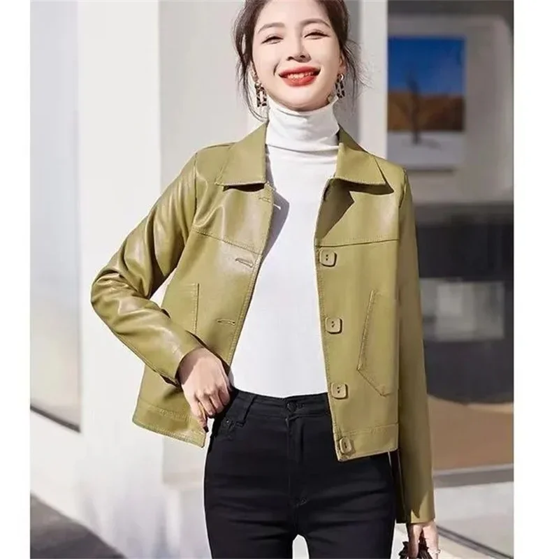 Ladies Slim Leather Coat In Autumn And Winter Short Casual Solid Color Single-Breasted Slim Ladies Suit Collar Outerwear L248