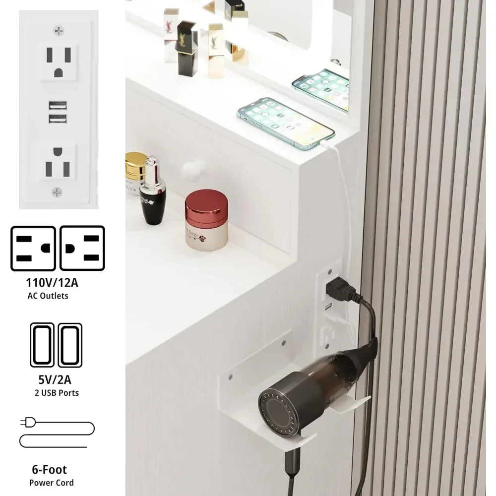 Kaptafel Met Led Verlichte Spiegel En Stopcontact En 4 Lades, Make-Up Tafelset Met Opbergkruk En Föhn