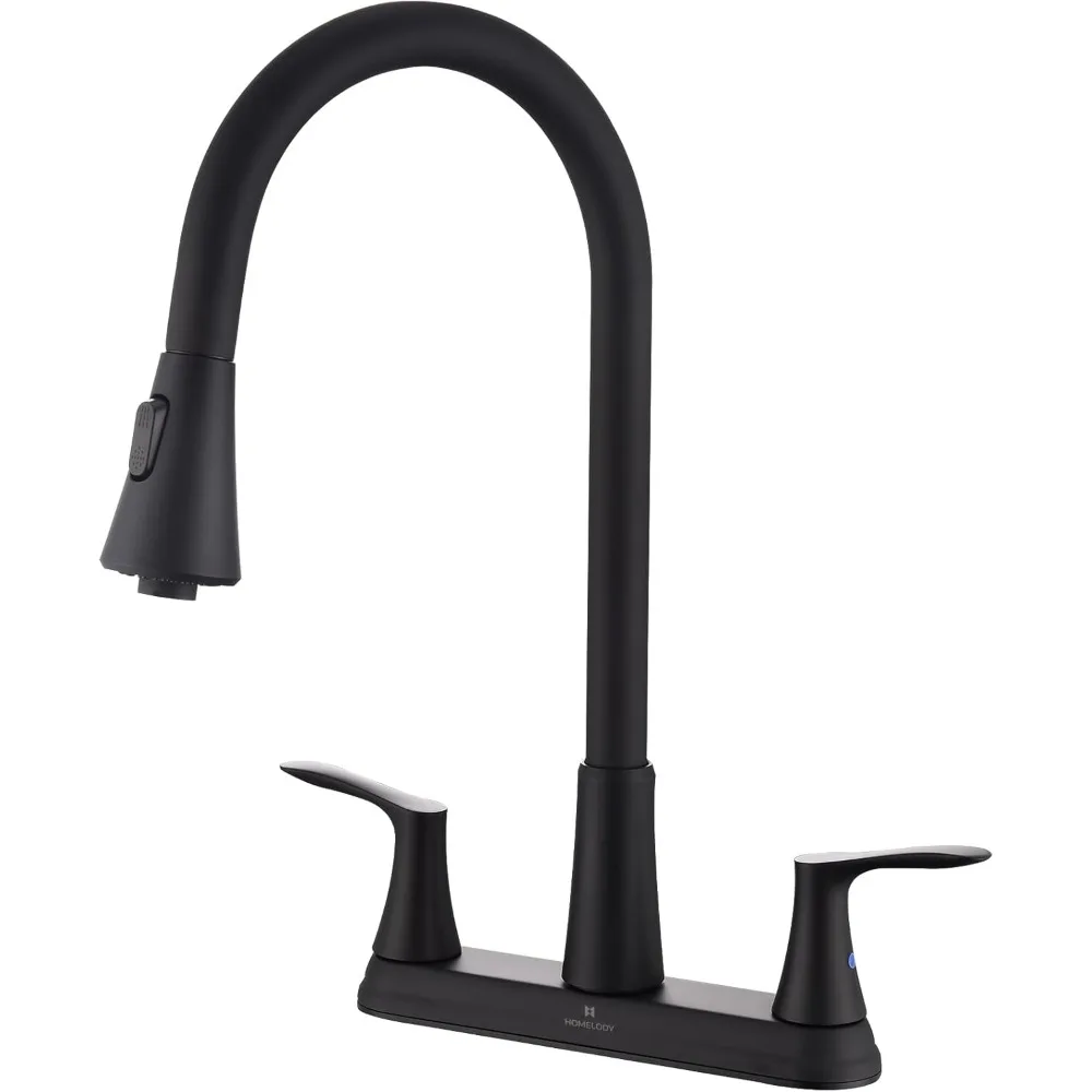 2-Handle Kitchen Faucet, 8-Inch 360° Rotating Pull-Down Sprayer (3-Hole), Centerset with Lines, Matte Black