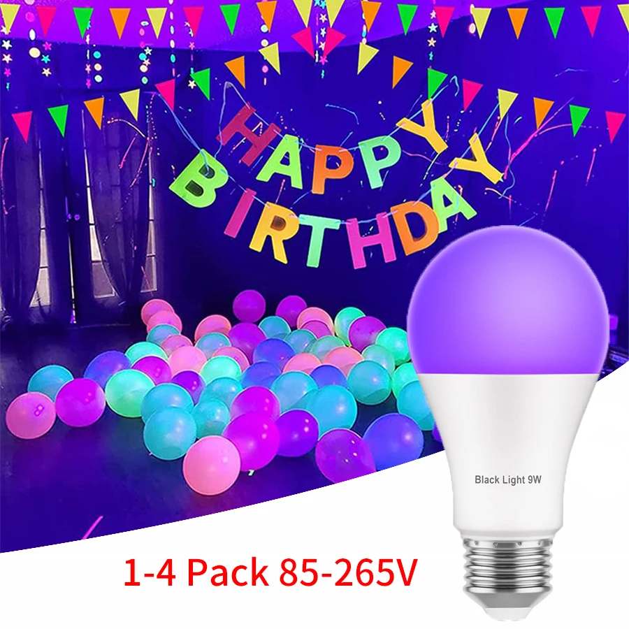 UV Black Light Led Bulbs E27 E26 85-265V 9W 395nm Ultraviolet Lamp Birthday Party Disco Bar Decoration Fluorescent Body Painting