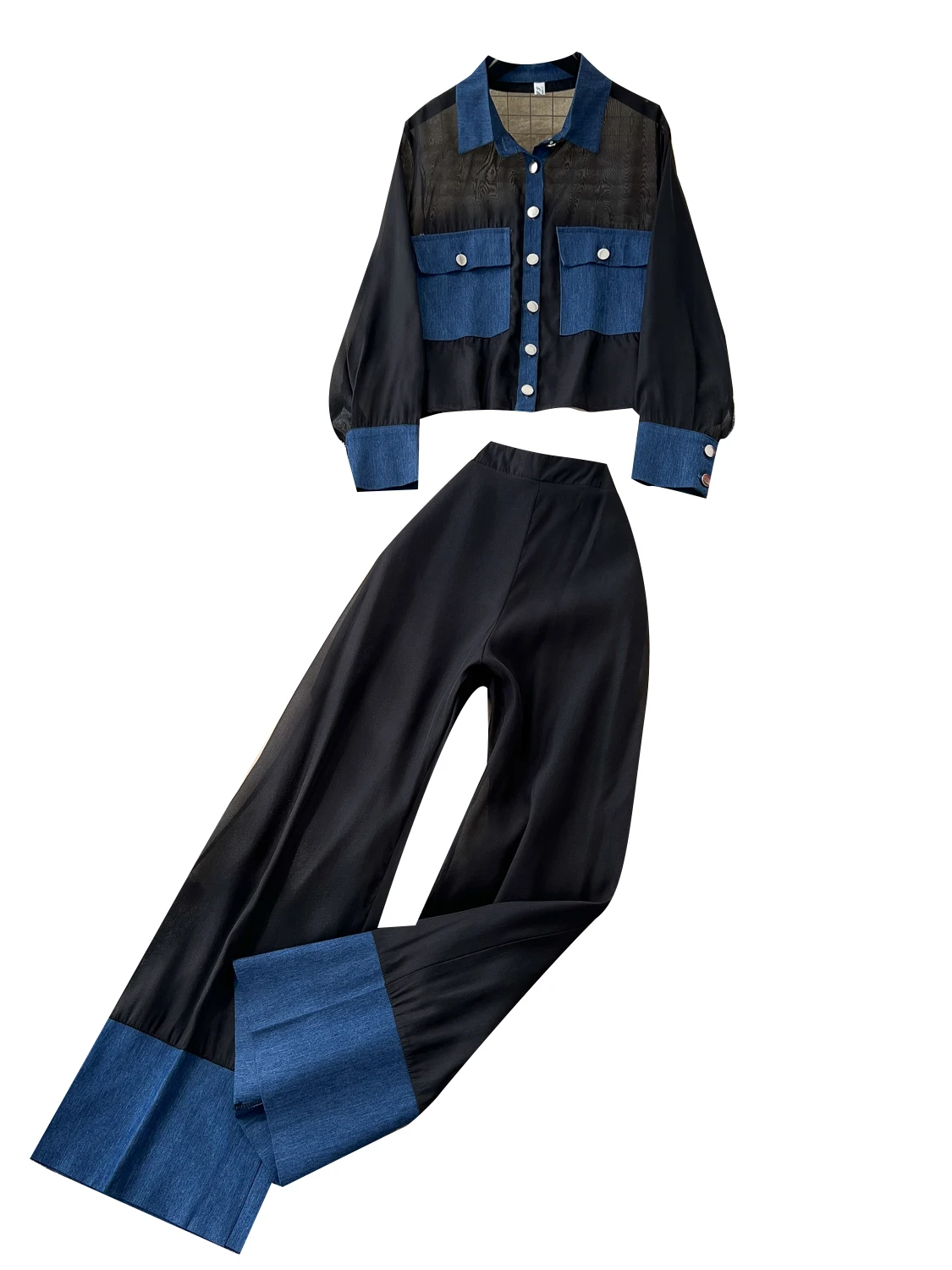 Conjunto de Moda Fena de Verão com Csa de Manga Longa de Design Patchwork em Jeans Picante e Fresco e Calças Longas de...
