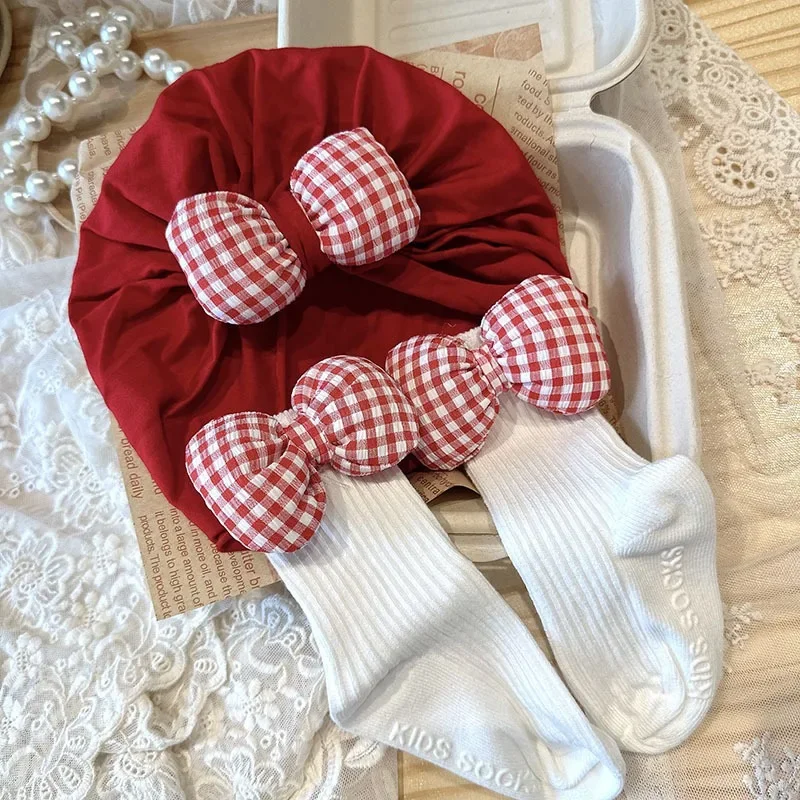 Baby Girl Plaid Bow Turban Hat Socks Set Newborn Girls Checkered Bow Head Wrap Anti Slip Cotton Floor Socks A6156