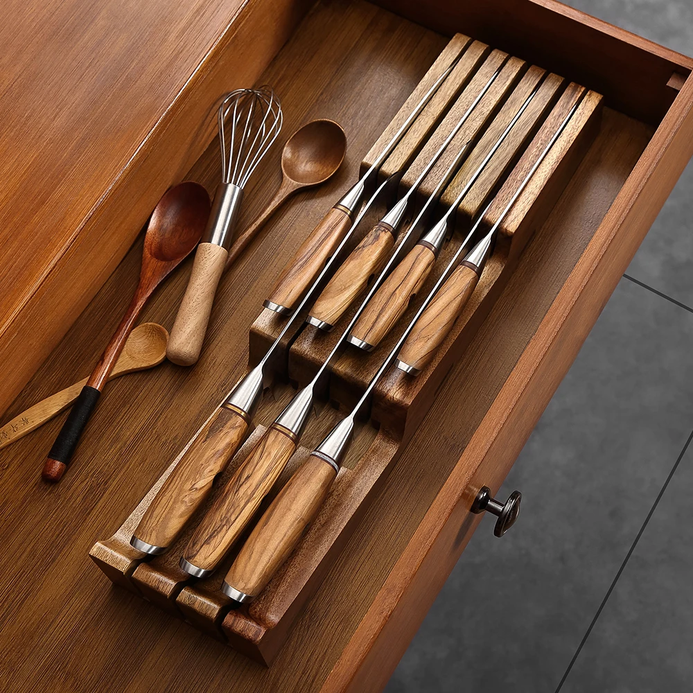 XINZUO 7 Slots In-drawer Knife Tray Acacia Wood Knife Organizer Kitchen Drawer Cutlery Storage Tableware Organizer Container