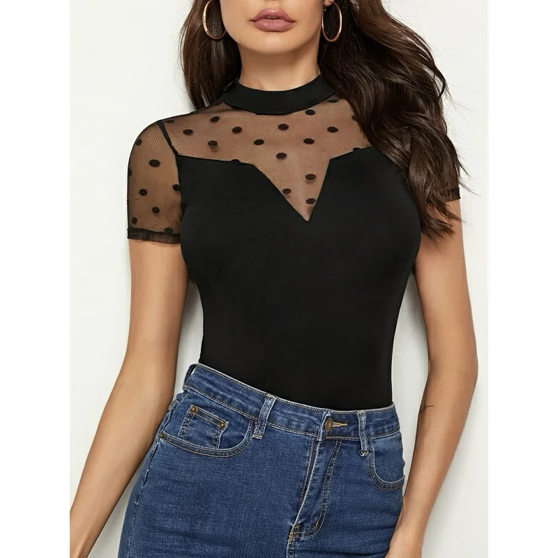 2025Sexy mesh splicing short sleeve with small stand collarTWomen's Slimming Shirt Source
