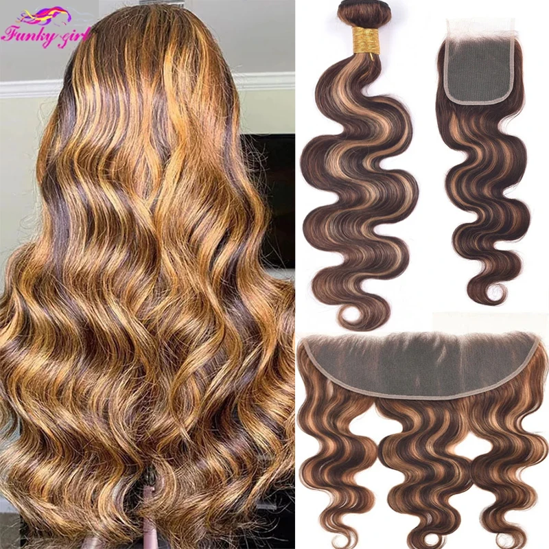 Funky Girl-Pacotes de cabelo peruanos com fechamento frontal, 100% cabelo humano, colorido destaque, P4, 27