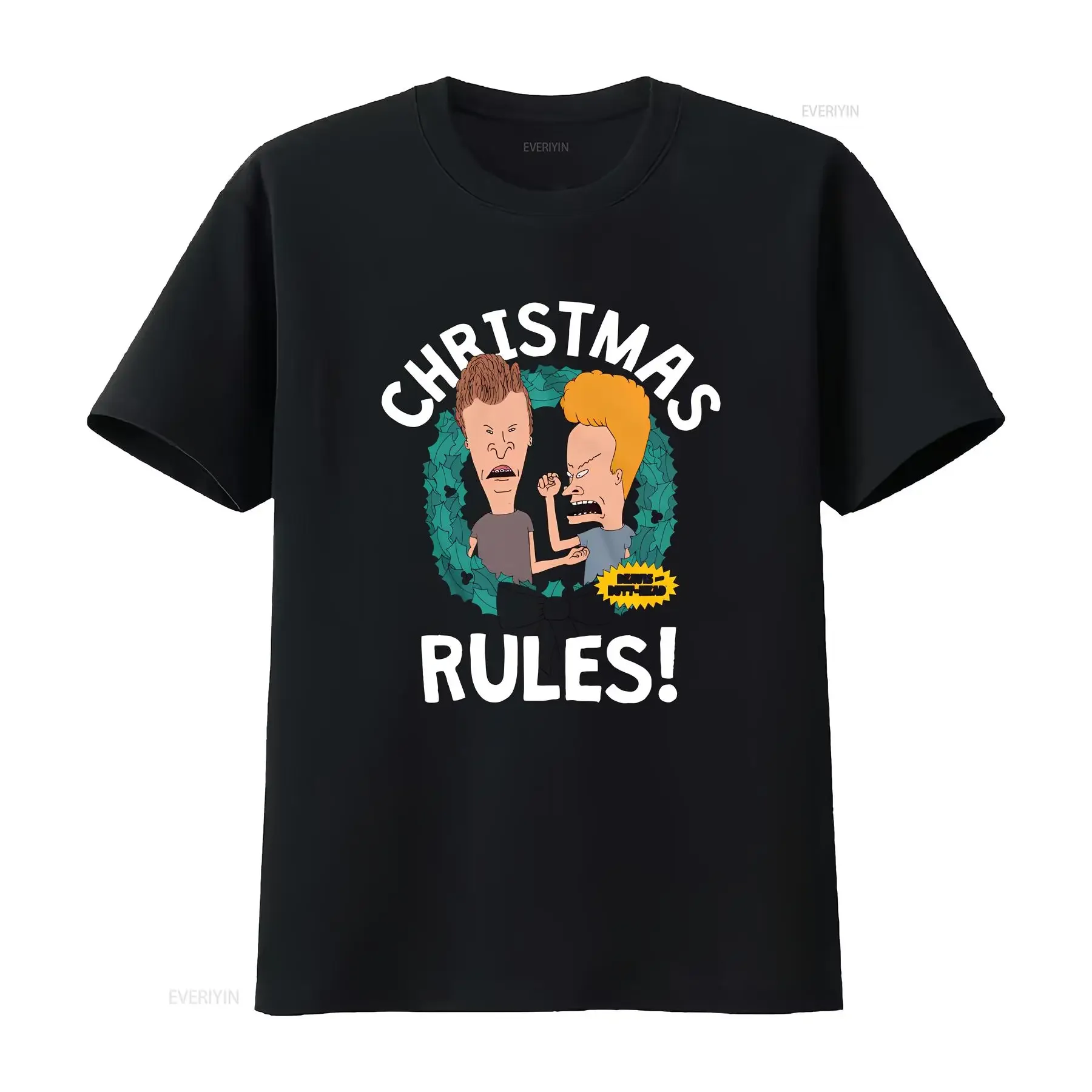 

MTV Classic Cartoon Beavis And Butthead Wreath Christmas Rules Men's T Shirt vintage Washed Stretched Versatile
