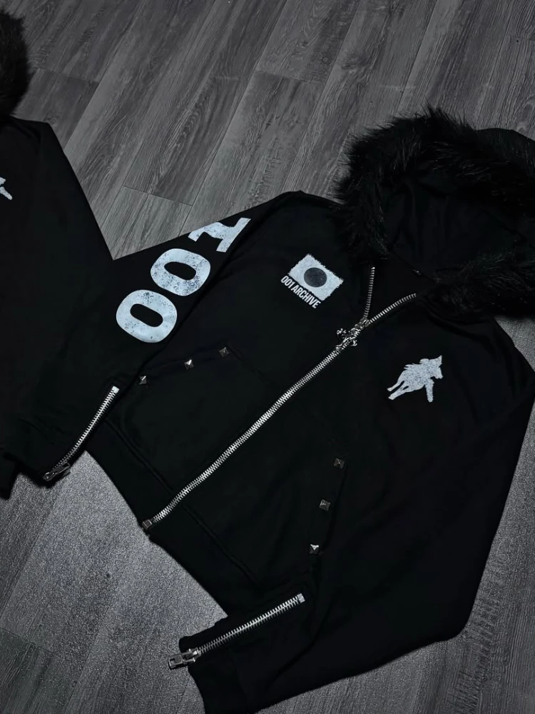 

Y2K Japanese Harajuku streetwear European youth rivet fashion wool pullover men's urban casual hooded hip-hop printed sweatshirt