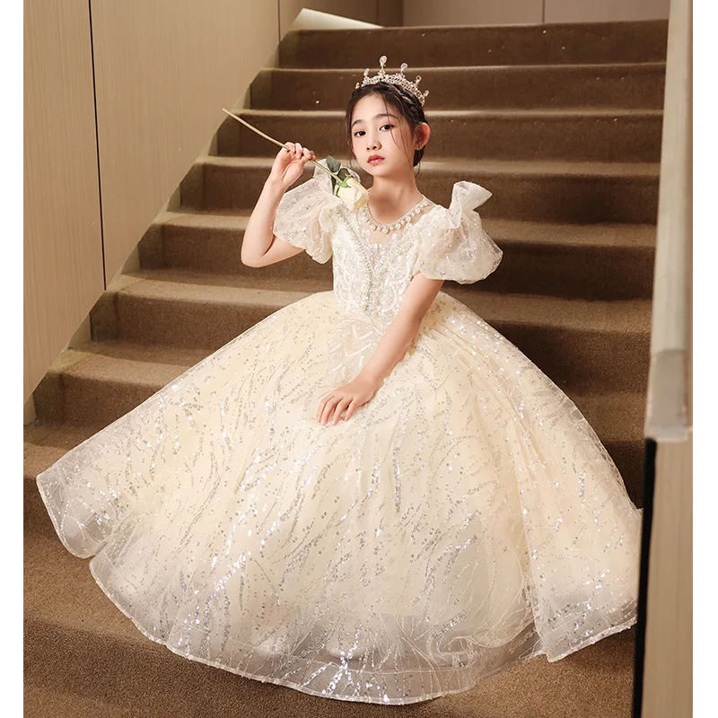 

Champagne Flower Girl Tulle long dress Puffy Shiny Sequin Pearl beading Lace up Dresses For Weding Birthday Banquet Gowns