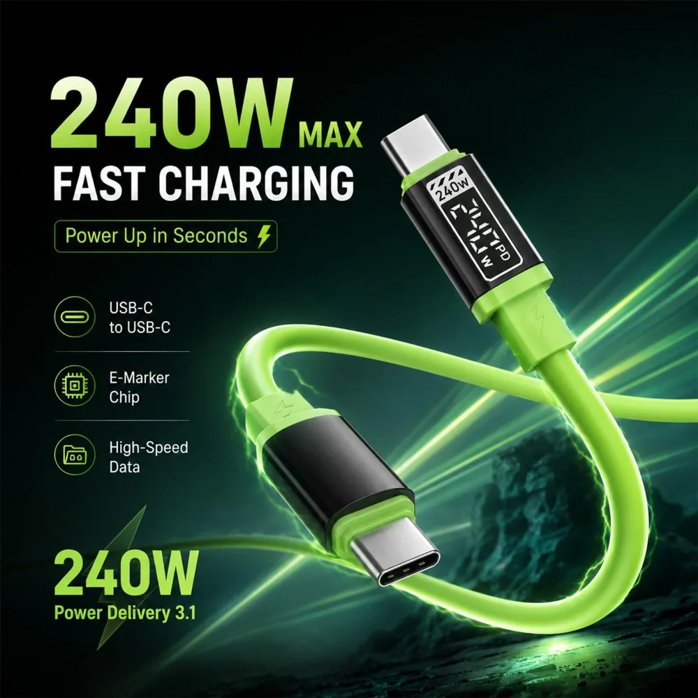 PD 240W Cable Super Fast Charging USB Type C to Type C Silicone Cable For iPhone 18 17 Pro Samsung Xiaomi Quick Charging Cable