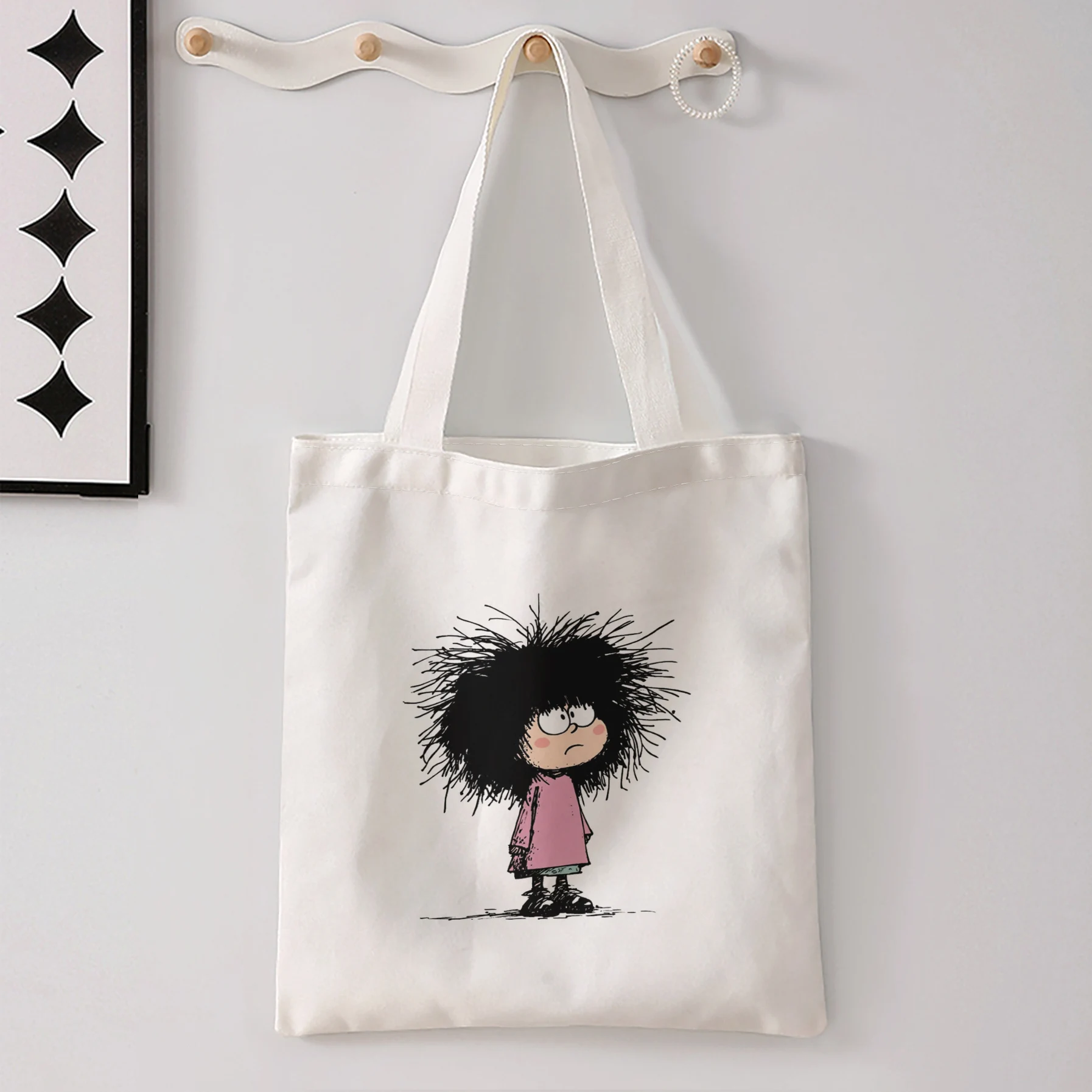 Cartoon Messy Hair Girl Mafalda Print Tote Bag Large Shoulder Handbag For Shopping Daily Commute