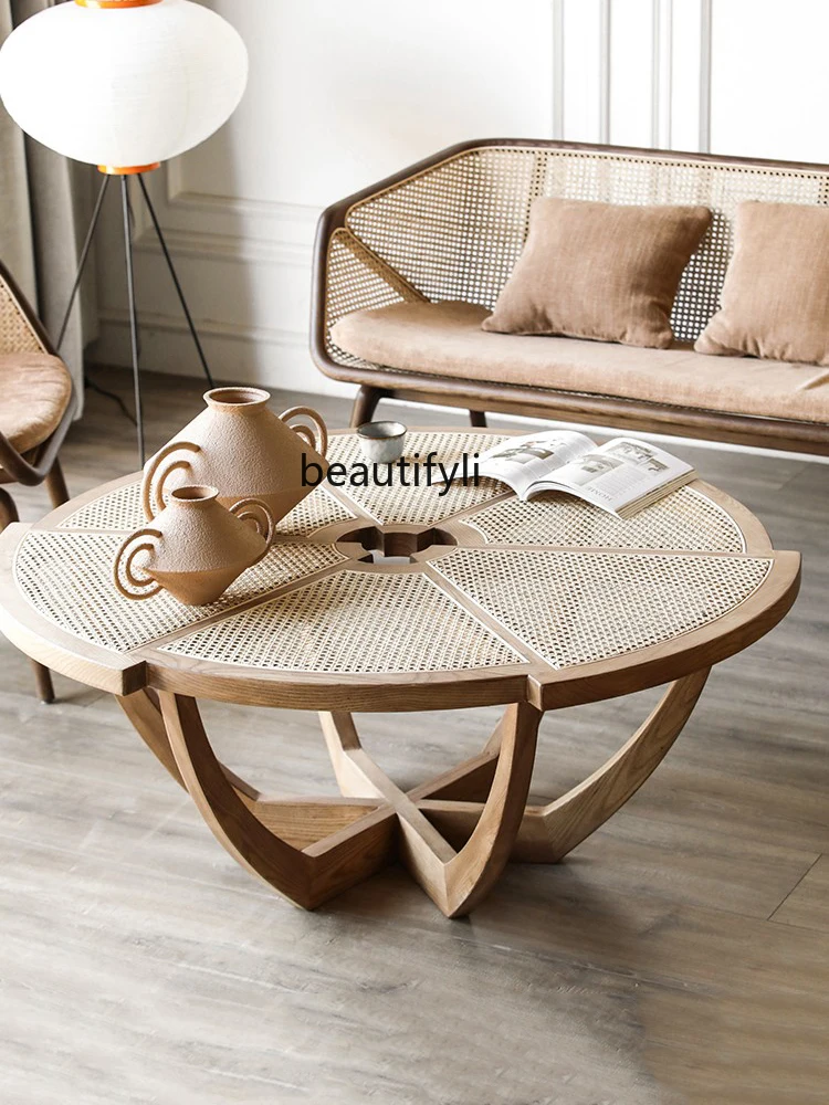 

Solid Wood Rattan Tea Table Household Living Room Designer Model Simple and Light Luxury Ash Wood Tea Table