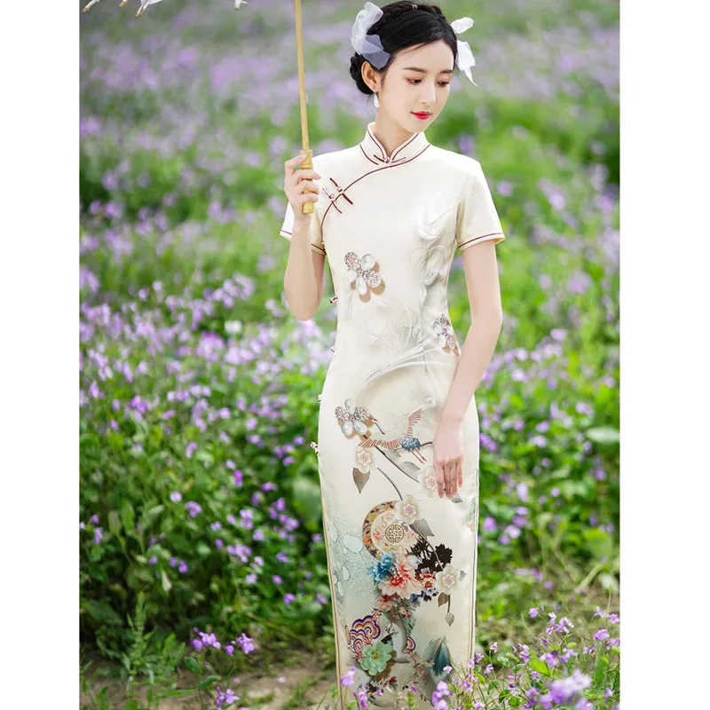 Summer Vintage Slim Girl Qipao Long Chinese Dress Modern Eleganti Women Vestido Chino Traditional Cheongsam Hanfu Robe Orientale