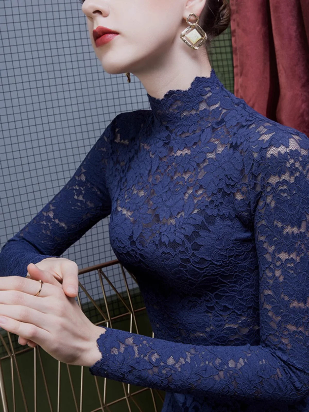 French High Neck Lace Blouse for Women, Spring and Summer Perspective Sexy Top, Winter Thick Long Sleeved Pullover Sweater