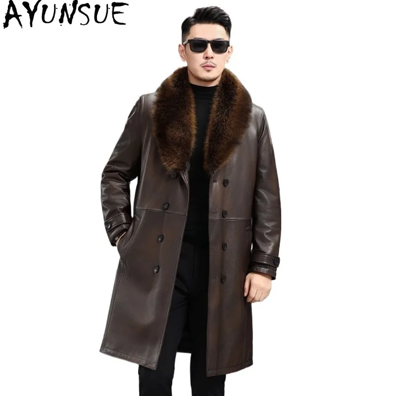 

AYUNSUE100% Genuine Goatskin Leather Jacket Men Winter Luxury Mink Fur Liner Jacket Man Long Natural Fur Coat Raccoon Fur Collar