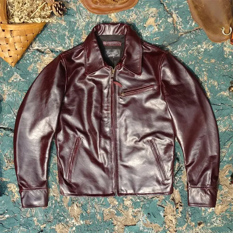 Men's 1930S classic lapel leather jacket motorcycle clothing Oil wax purple black first layer cowhide leather jacket