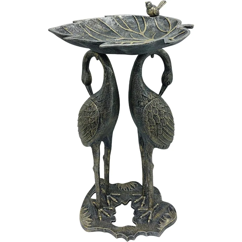 Living 5608-PEW Cast Aluminum 30-in Twin Crane Silver Gold Bird Bath with Leaf Bowl Birdbath, Pewter