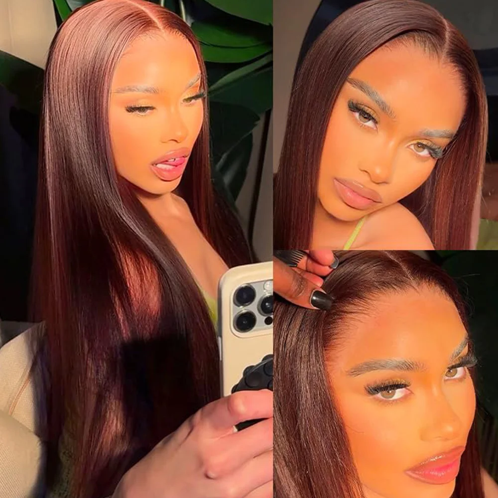 13x4 HD Lace Front Chocolate Brown Straight Wig,100% Human Hair,13x6 Transparent Lace Frontal Wig Preplucked Brown Colored Wig.