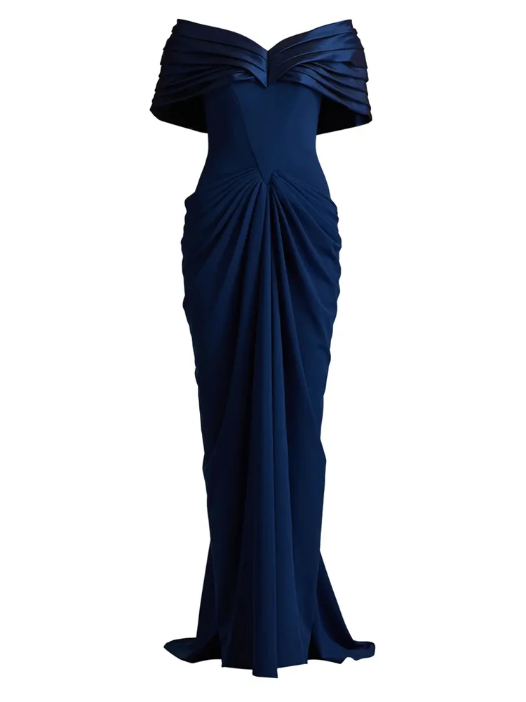 

Customized Off Shoulder Neckline Draped Detailing Straight Satin Evening Dress Elegant Back Zipper Floor Length Gown For Women